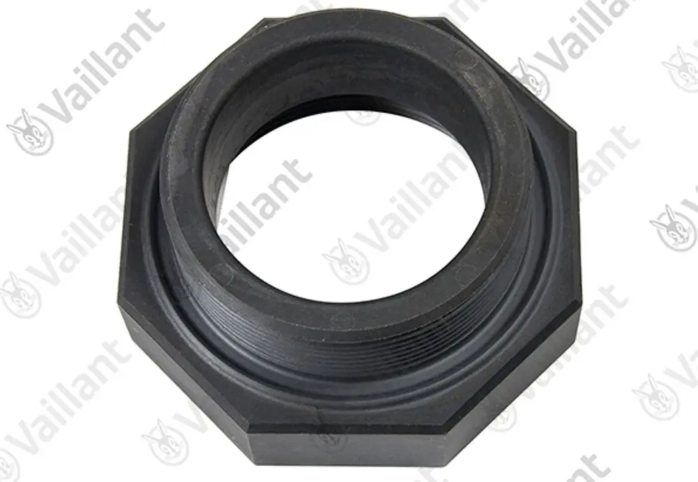 Flansch von Vaillant, schlichtes schwarzes Design mit einer innenseitigen Gewinde sowie einer sechseckigen Außenform, geeignet für Verbindungen in Heizungsanlagen.